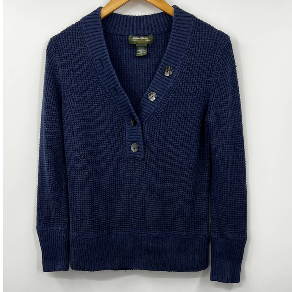 Eddie Bauer Women's Sweater M Button Front Thermal Sweater Top Long Sleeve Blue - Picture 1 of 7